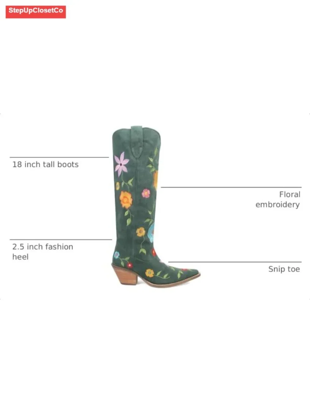 Embroidered Floral Snip Toe Pull On Casual Over the Knee Mid Heel Boots